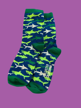 Hollister Blue Crew Socks with Green & White Shark Pattern